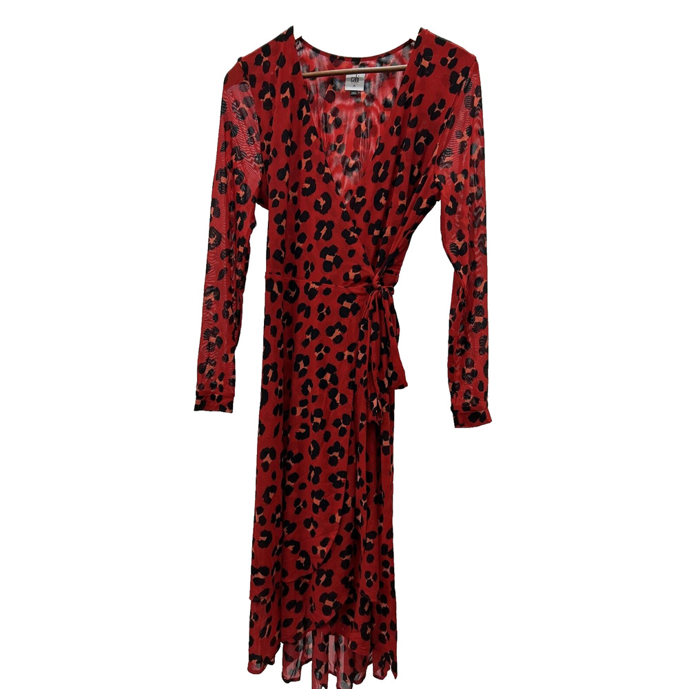 Cabi Womens Size Medium Red Siren Wrap Leopard Print Mesh Long Sleeve Midi Dres